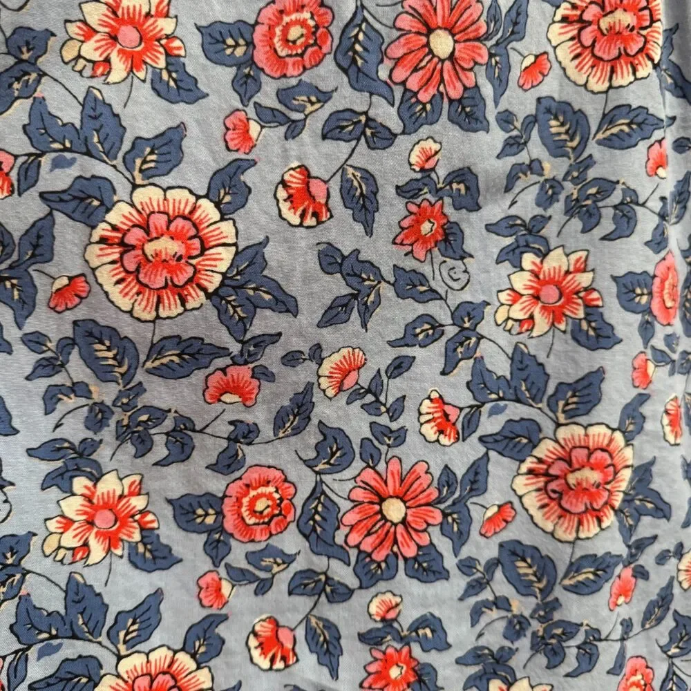 LOFT  Women's Floral Peasant Blouse Blue Pink Puff Sleeve Tie Neck Boho Top S